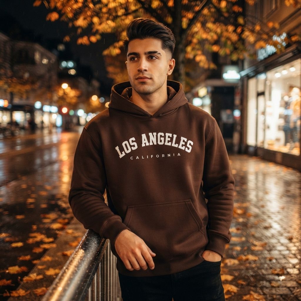 هودی کلاهدار و جیب دار مردانه زنانه مدل Los Angeles-قهوه ای