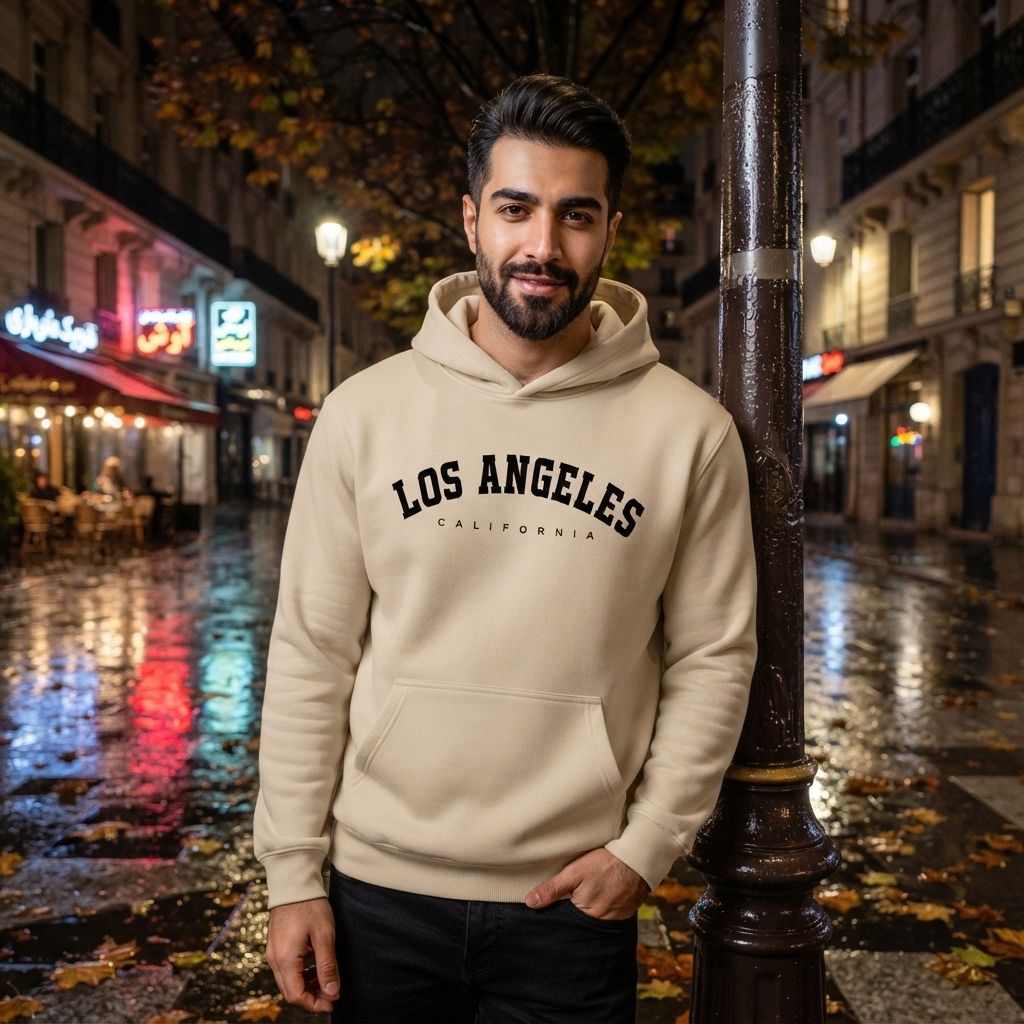 هودی کلاهدار و جیب دار مردانه زنانه مدل Los Angeles-کرم