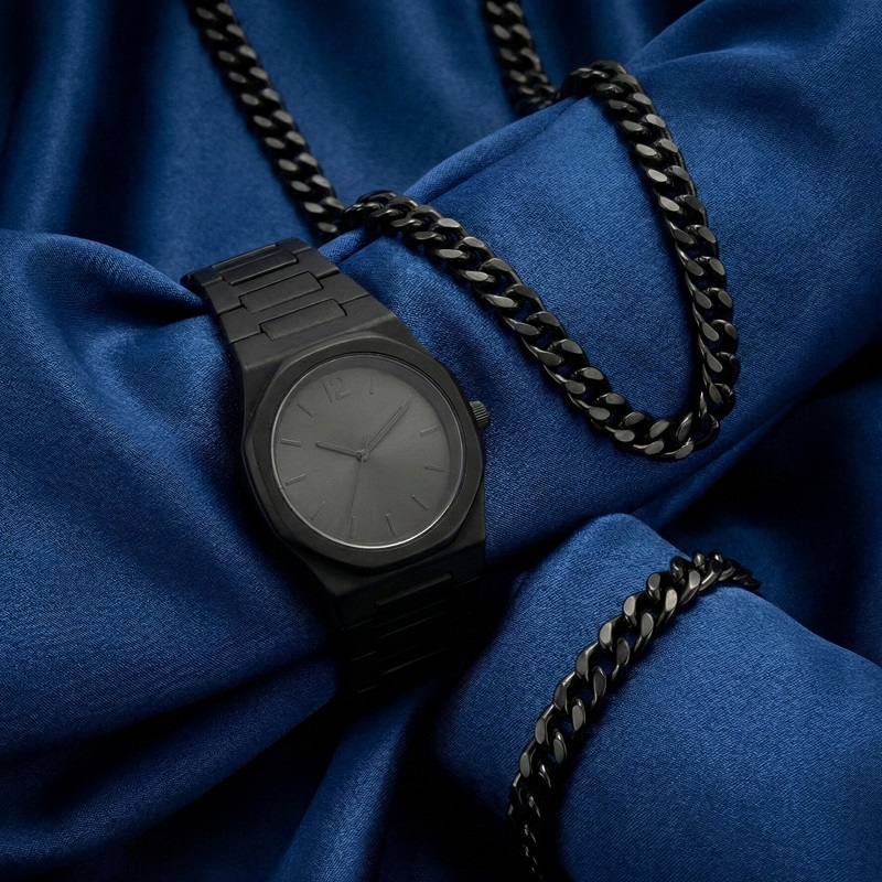 ست مردانه ساعت و دستبند و گردنبند solid black-مشکی