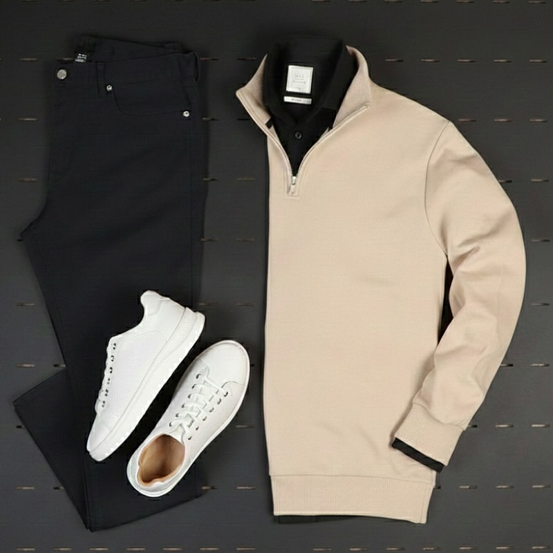 پکیج دورس مردانه نیم زیپ مدل Behbod-کرم  پیراهن مردانه مشکی VQ